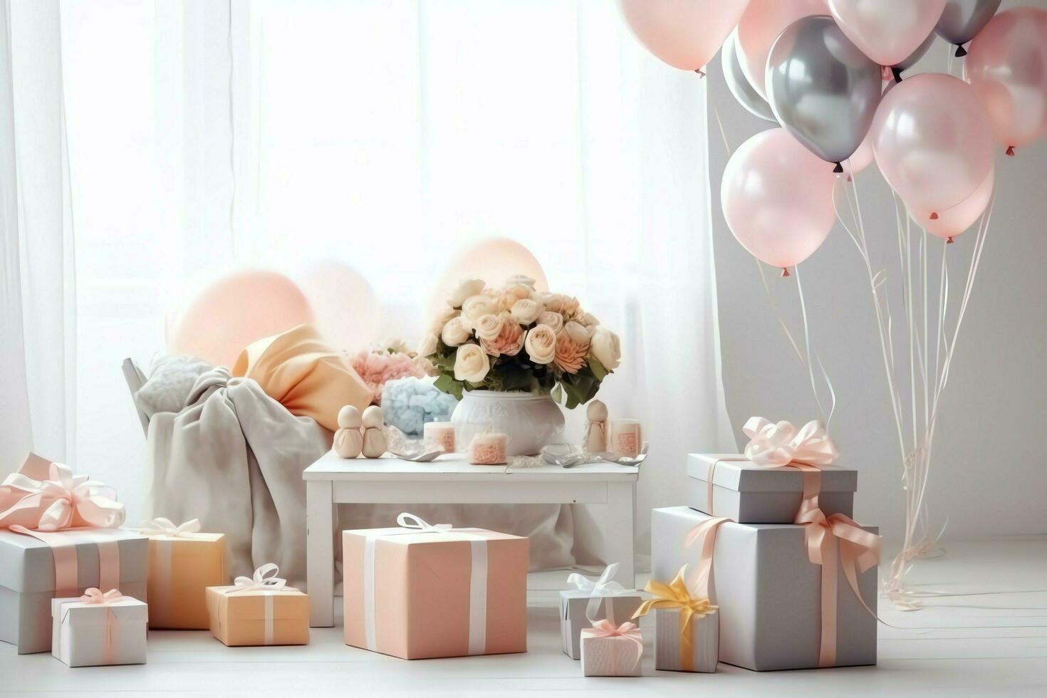 Festive birthday party decorations on table with cake, present boxes and balloons on pastel color concept by AI Generated photo