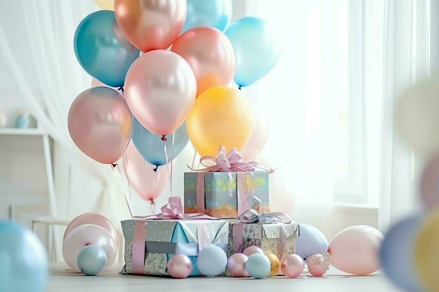 Festive birthday party decorations on table with cake, present boxes and balloons on pastel color concept by AI Generated photo