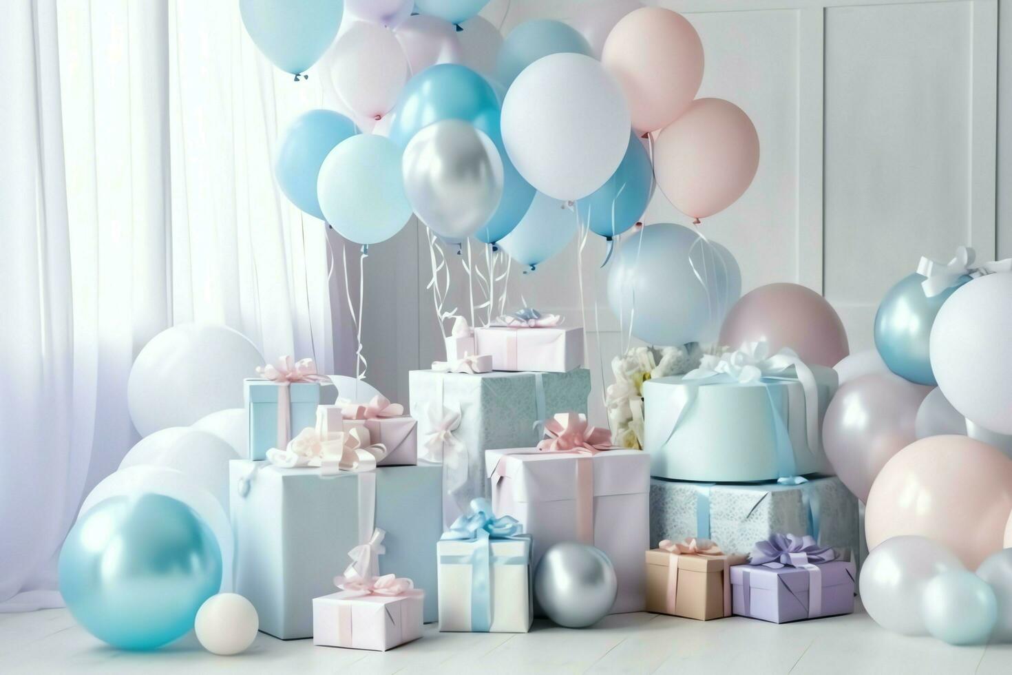 Festive birthday party decorations on table with cake, present boxes and balloons on pastel color concept by AI Generated photo