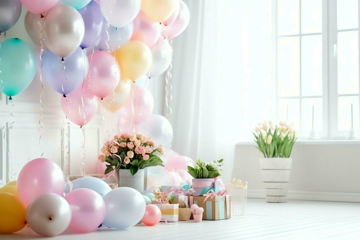 Festive birthday party decorations on table with cake, present boxes and balloons on pastel color concept by AI Generated photo