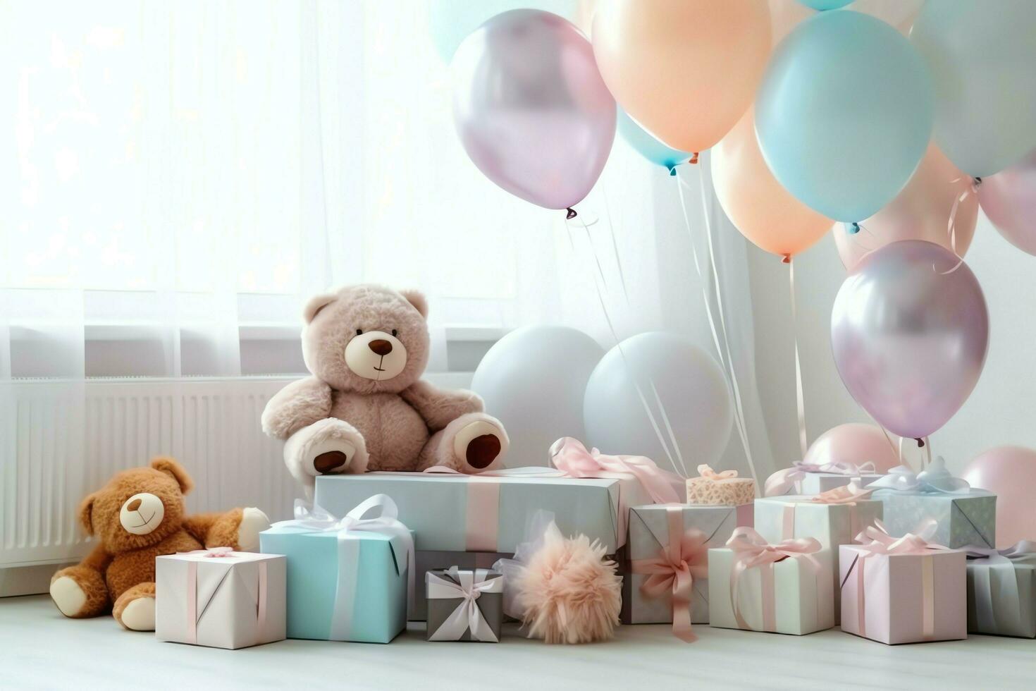 Festive birthday party decorations on table with cake, present boxes and balloons on pastel color concept by AI Generated photo