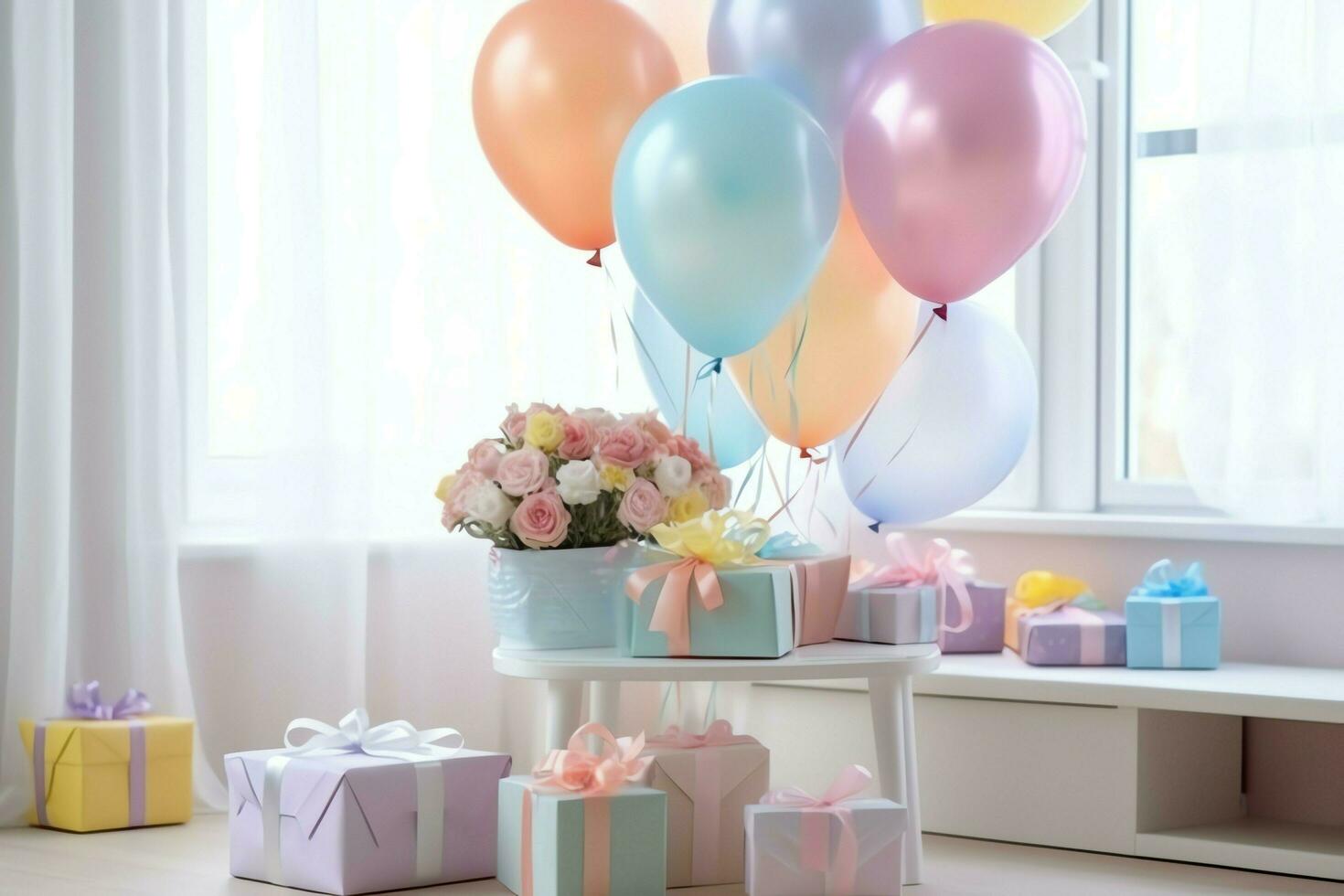 Festive birthday party decorations on table with cake, present boxes and balloons on pastel color concept by AI Generated photo