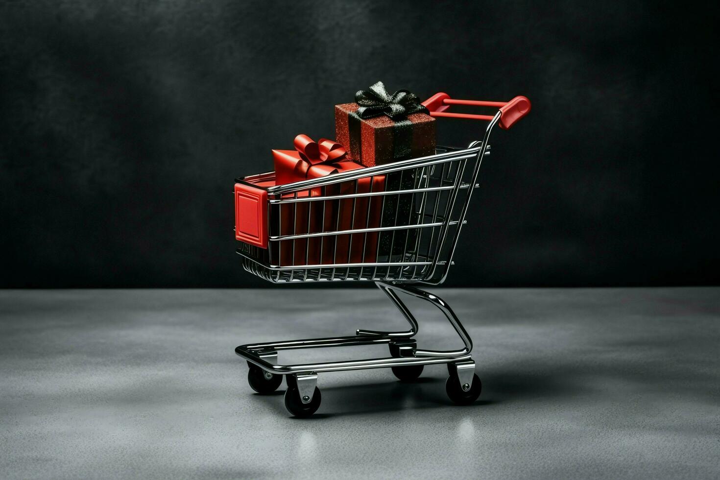 Composition of black friday shopping cart with gift boxes or bags on dark background and copy space concept by AI Generated photo