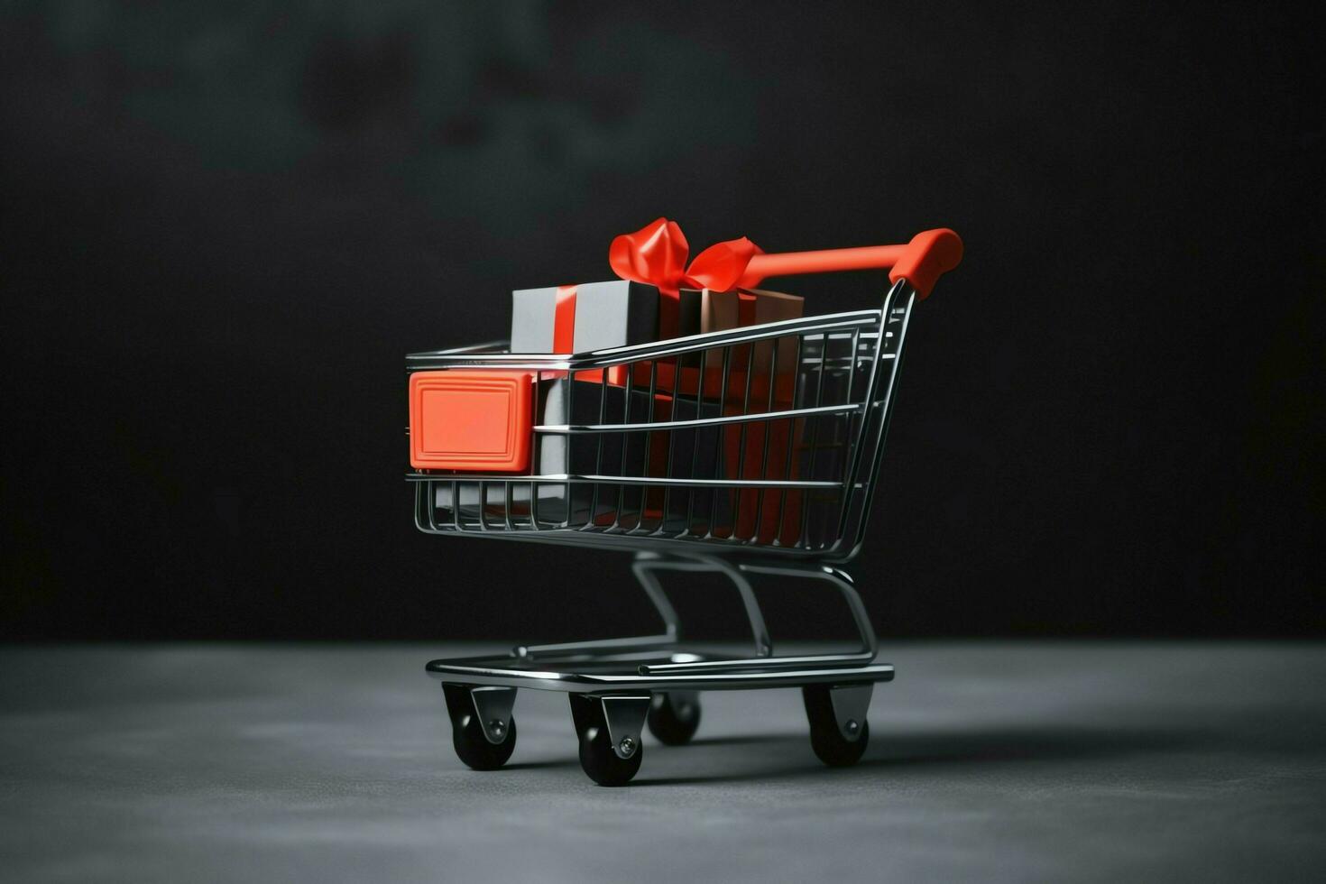 Composition of black friday shopping cart with gift boxes or bags on dark background and copy space concept by AI Generated photo