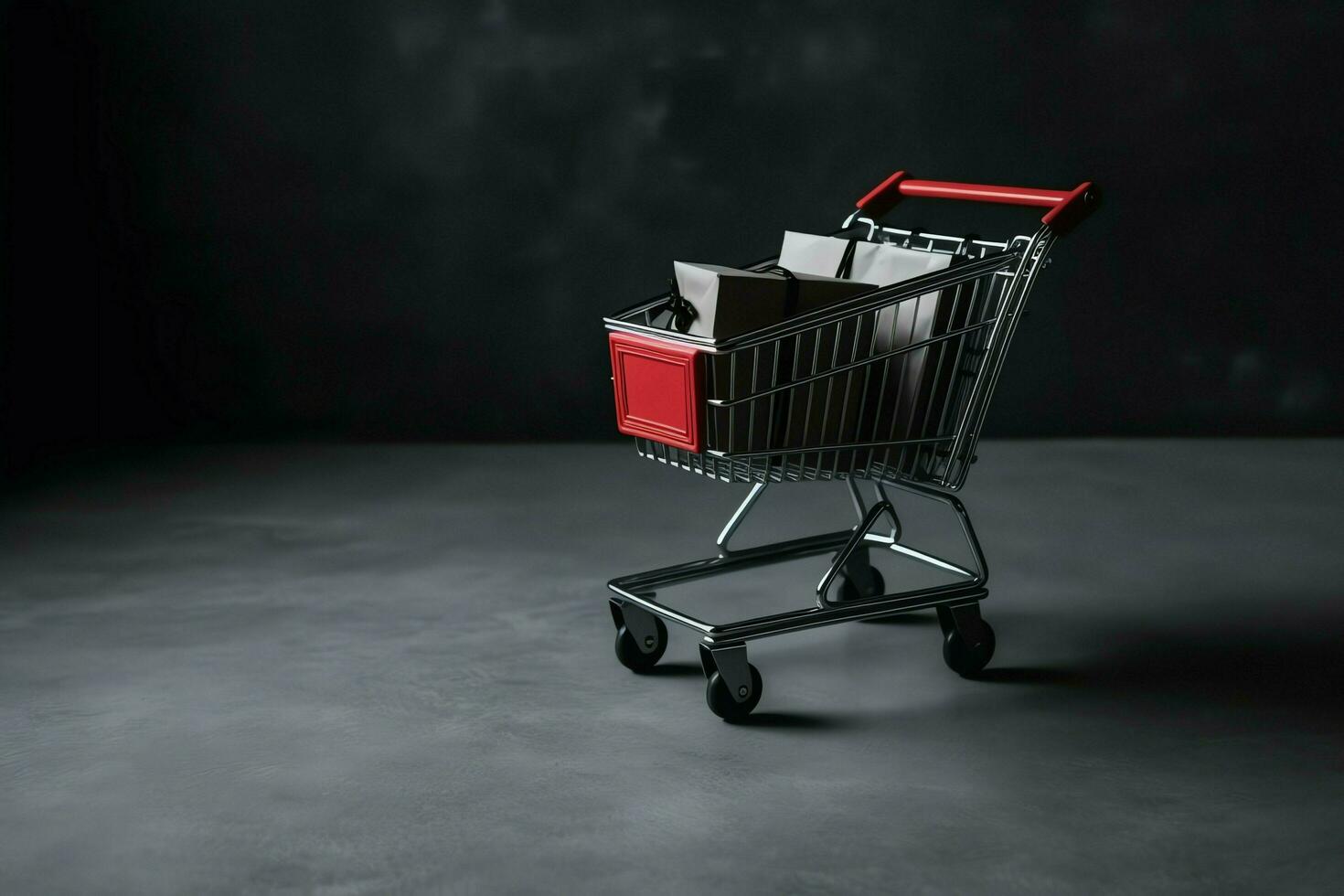Composition of black friday shopping cart with gift boxes or bags on dark background and copy space concept by AI Generated photo
