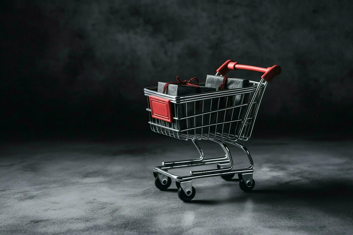 Composition of black friday shopping cart with gift boxes or bags on dark background and copy space concept by AI Generated photo