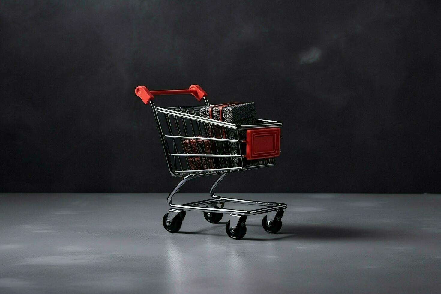 Composition of black friday shopping cart with gift boxes or bags on dark background and copy space concept by AI Generated photo