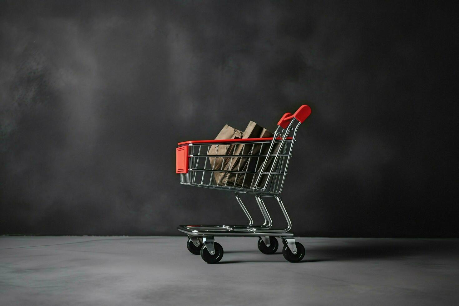 Composition of black friday shopping cart with gift boxes or bags on dark background and copy space concept by AI Generated photo