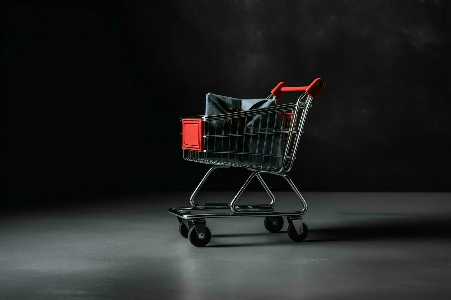 Composition of black friday shopping cart with gift boxes or bags on dark background and copy space concept by AI Generated photo