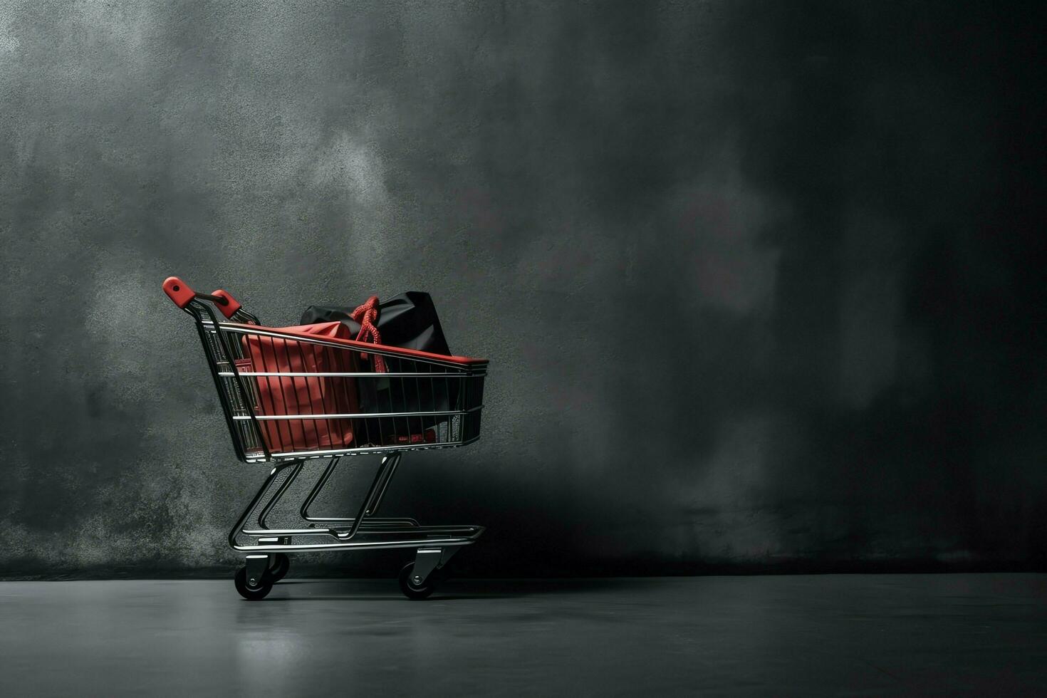 Composition of black friday shopping cart with gift boxes or bags on dark background and copy space concept by AI Generated photo