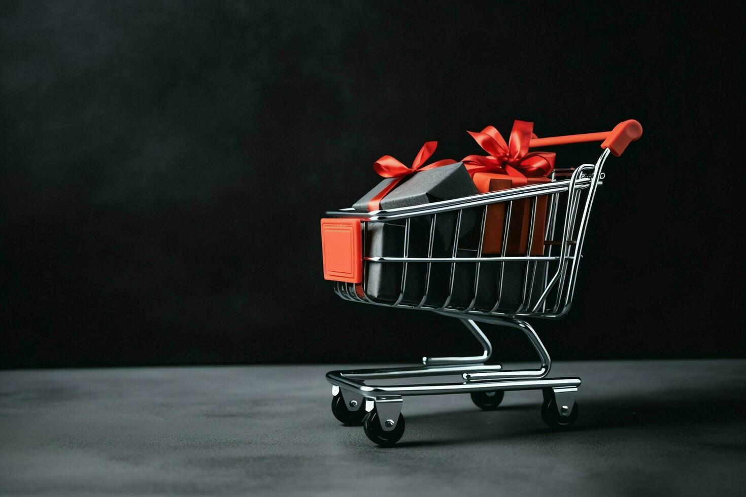 Composition of black friday shopping cart with gift boxes or bags on dark background and copy space concept by AI Generated photo