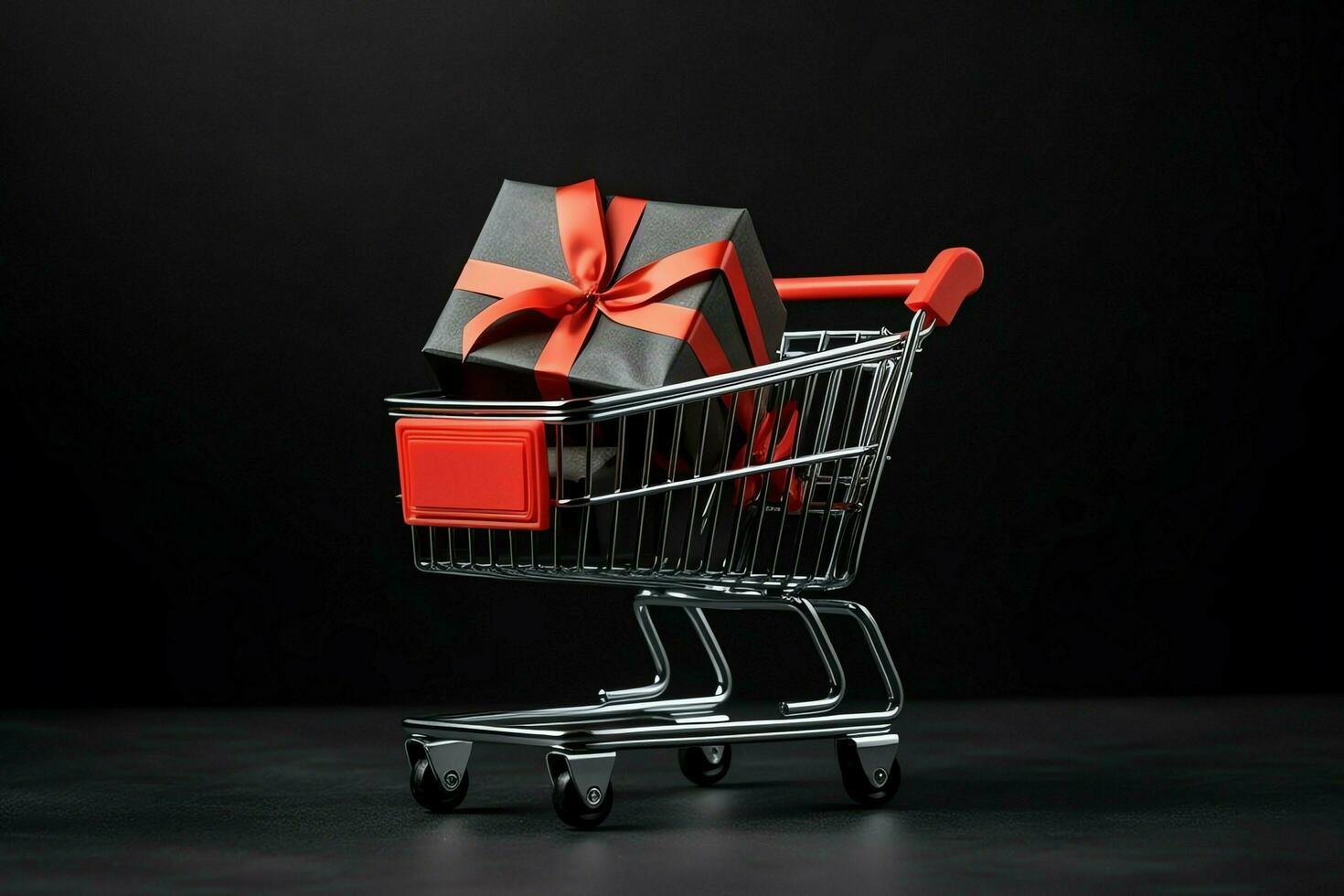 Composition of black friday shopping cart with gift boxes or bags on dark background and copy space concept by AI Generated photo