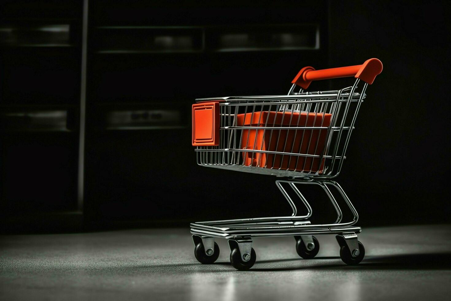 Composition of black friday shopping cart with gift boxes or bags on dark background and copy space concept by AI Generated photo