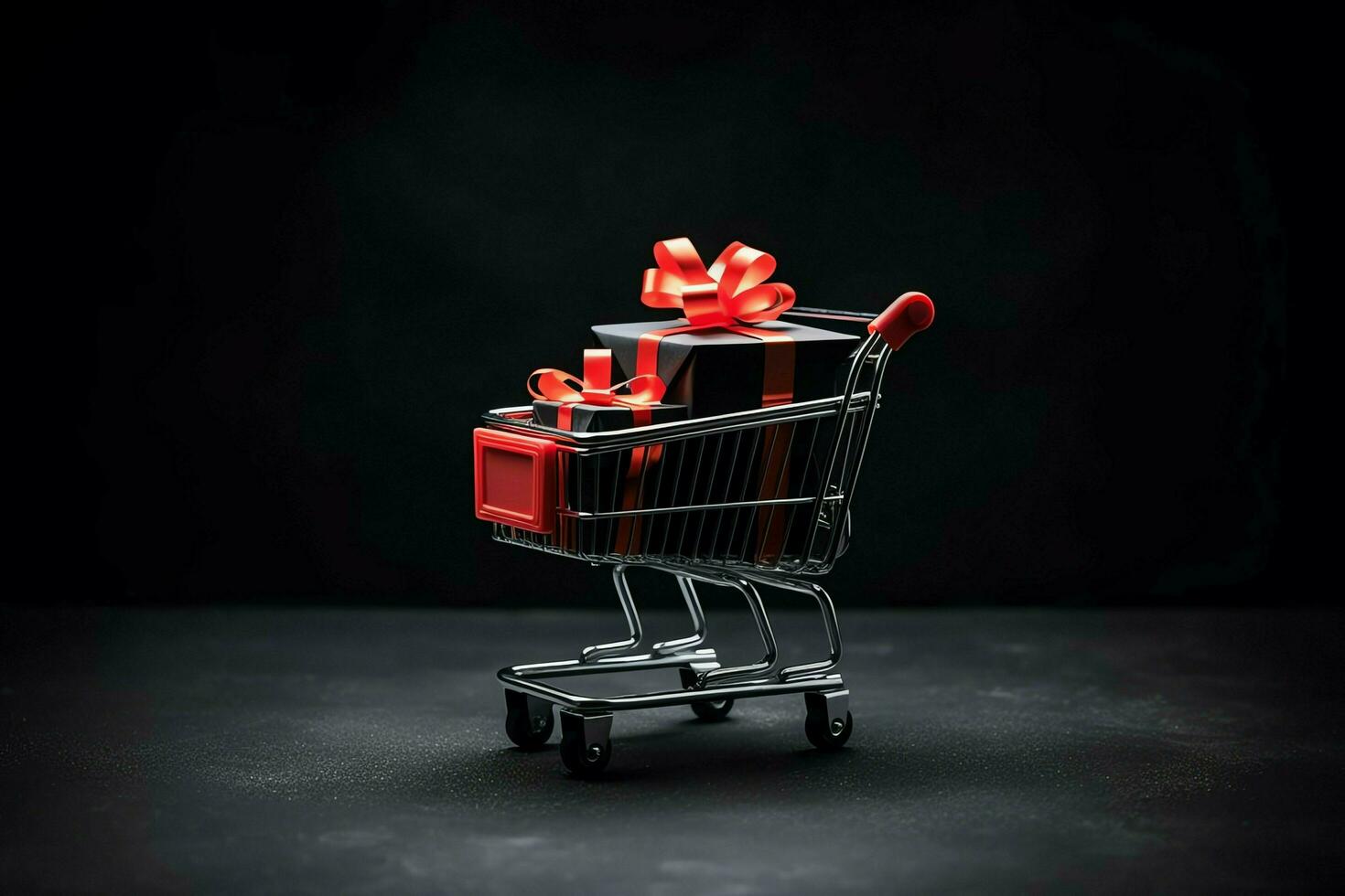 Composition of black friday shopping cart with gift boxes or bags on dark background and copy space concept by AI Generated photo