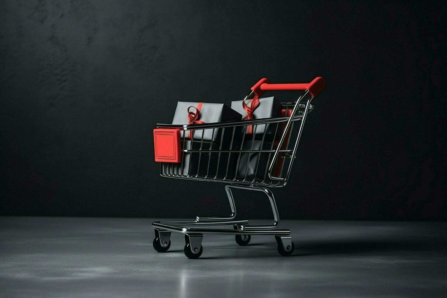 Composition of black friday shopping cart with gift boxes or bags on dark background and copy space concept by AI Generated photo