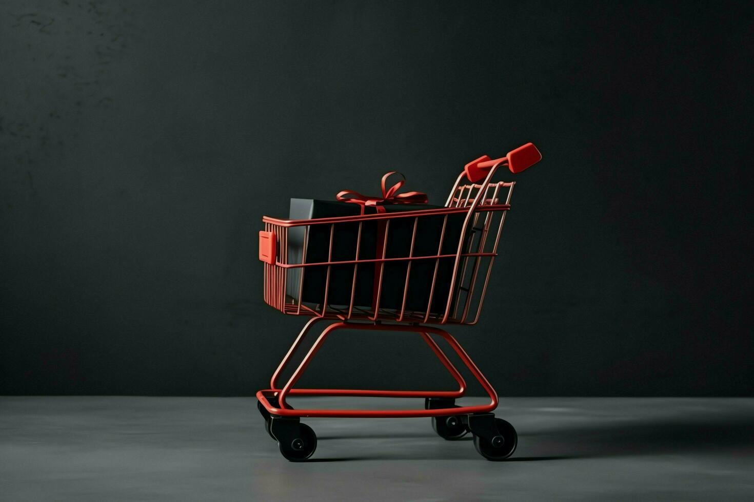 Composition of black friday shopping cart with gift boxes or bags on dark background and copy space concept by AI Generated photo