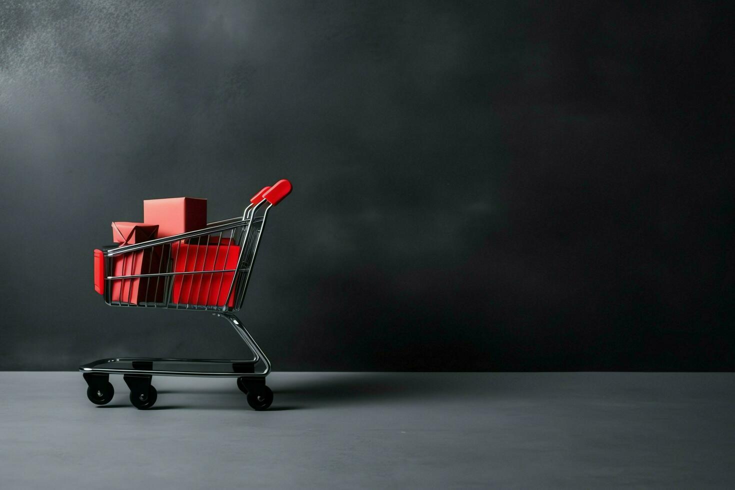 Composition of black friday shopping cart with gift boxes or bags on dark background and copy space concept by AI Generated photo