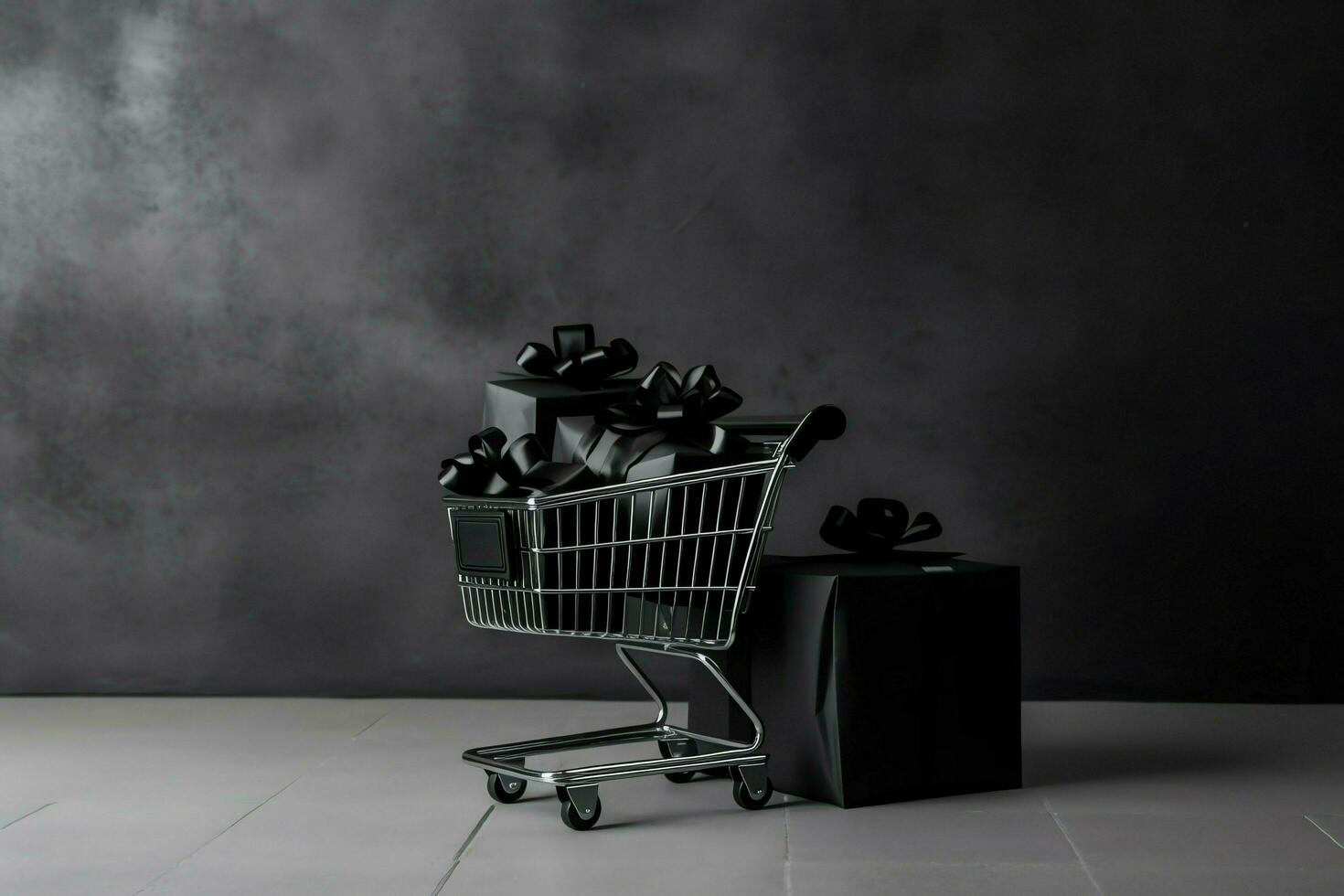 Composition of black friday shopping cart with gift boxes or bags on dark background and copy space concept by AI Generated photo