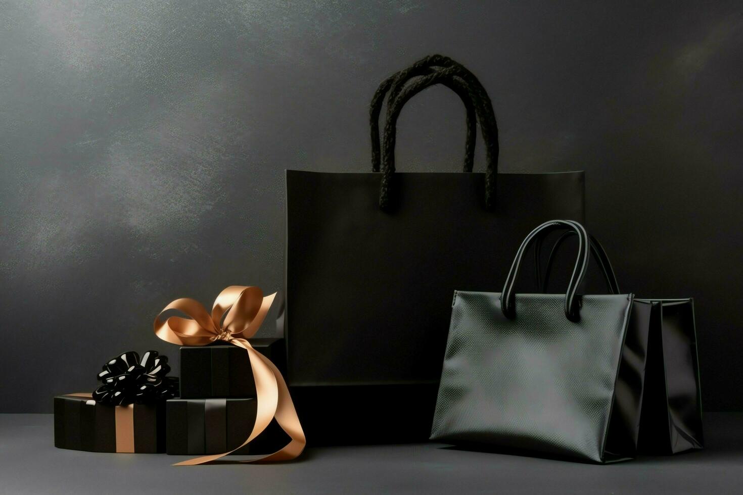 Composition of black friday shopping cart with gift boxes or bags on dark background and copy space concept by AI Generated photo