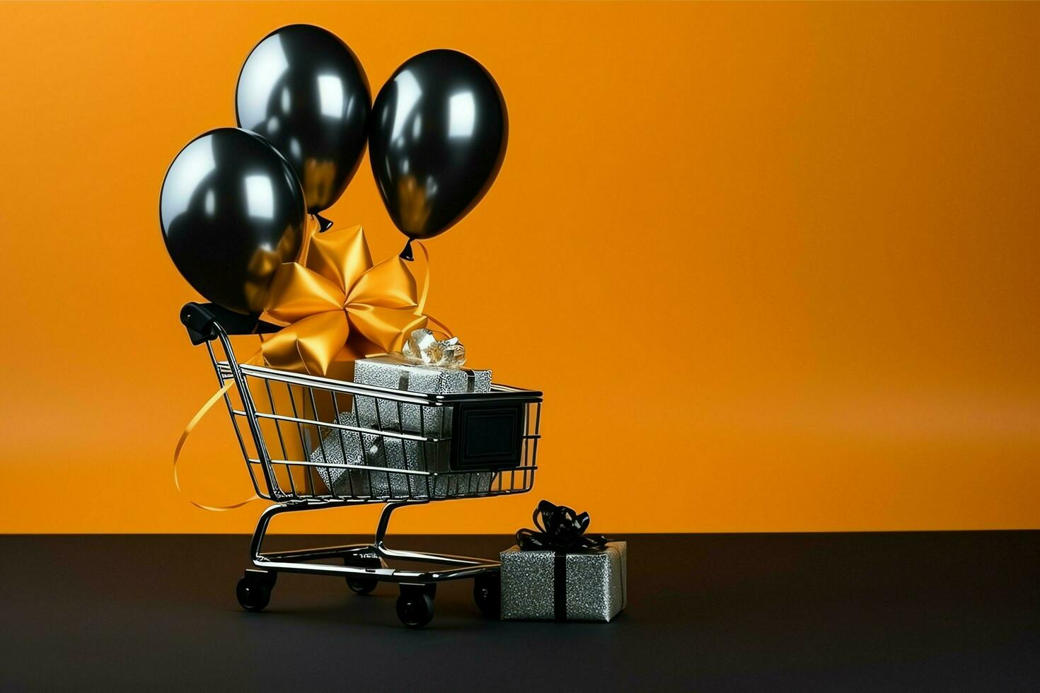 Composition of black friday shopping cart with gift boxes or bags on dark background and copy space concept by AI Generated photo