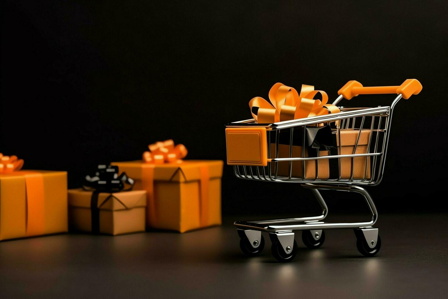 Composition of black friday shopping cart with gift boxes or bags on dark background and copy space concept by AI Generated photo