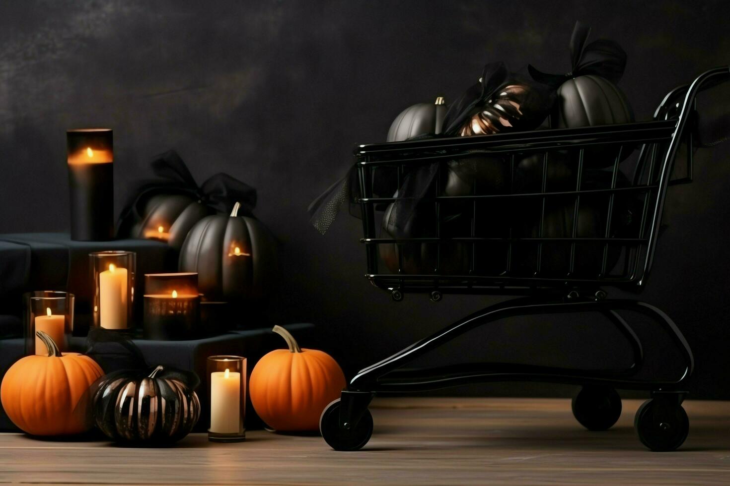 Composition of black friday shopping cart with gift boxes or bags on dark background and copy space concept by AI Generated photo