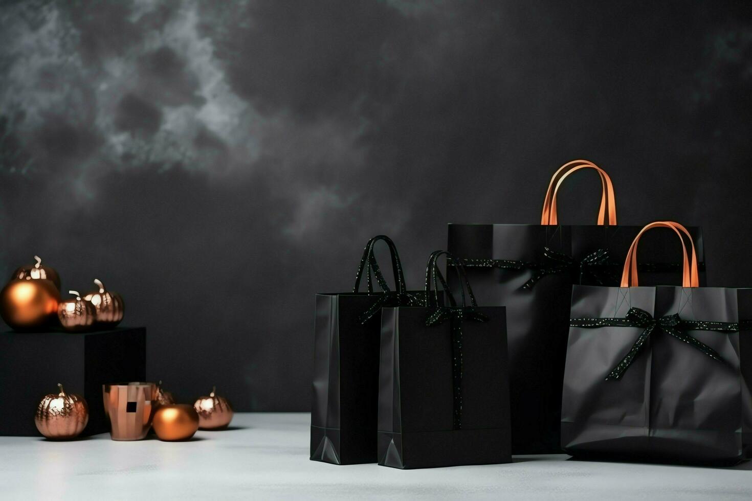 Composition of black friday shopping cart with gift boxes or bags on dark background and copy space concept by AI Generated photo