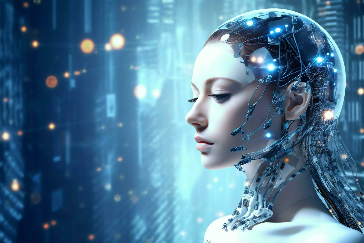 3D rendering technology robotics data analytics or futuristic cyborg with artificial intelligence concept by AI Generated photo