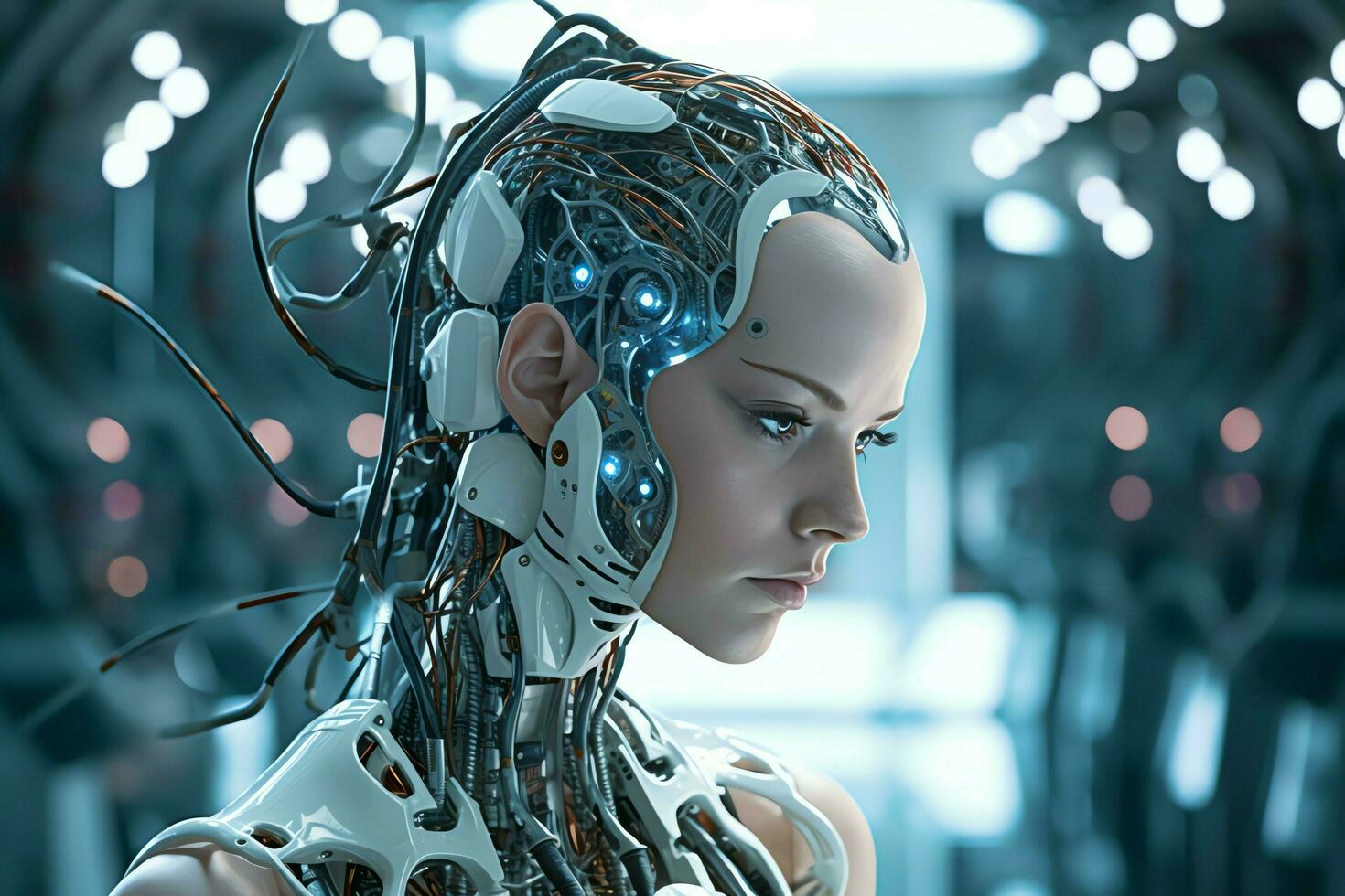 3D rendering technology robotics data analytics or futuristic cyborg with artificial intelligence concept by AI Generated photo