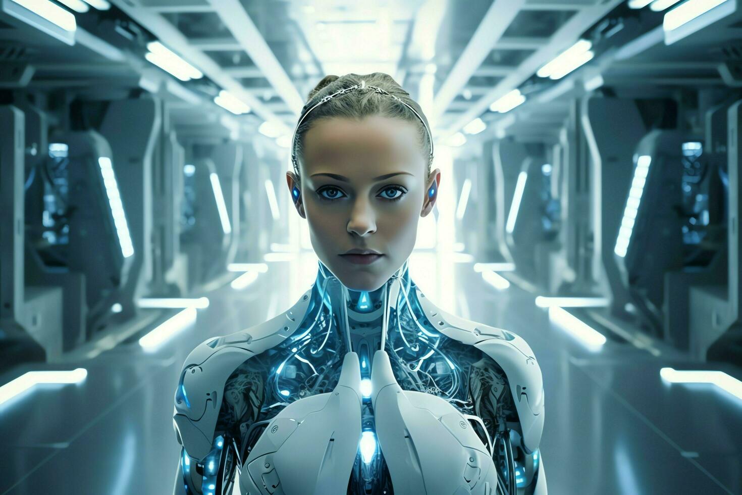 3D rendering technology robotics data analytics or futuristic cyborg with artificial intelligence concept by AI Generated photo
