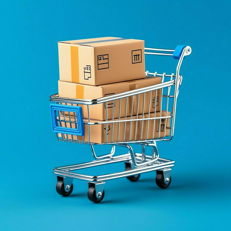 Composition of shopping cart or trolley with gift boxes or bags. Cyber monday sales or shopping day concept by AI Generated photo