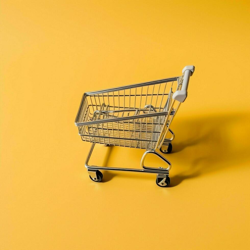 Composition of shopping cart or trolley with gift boxes or bags. Cyber monday sales or shopping day concept by AI Generated photo