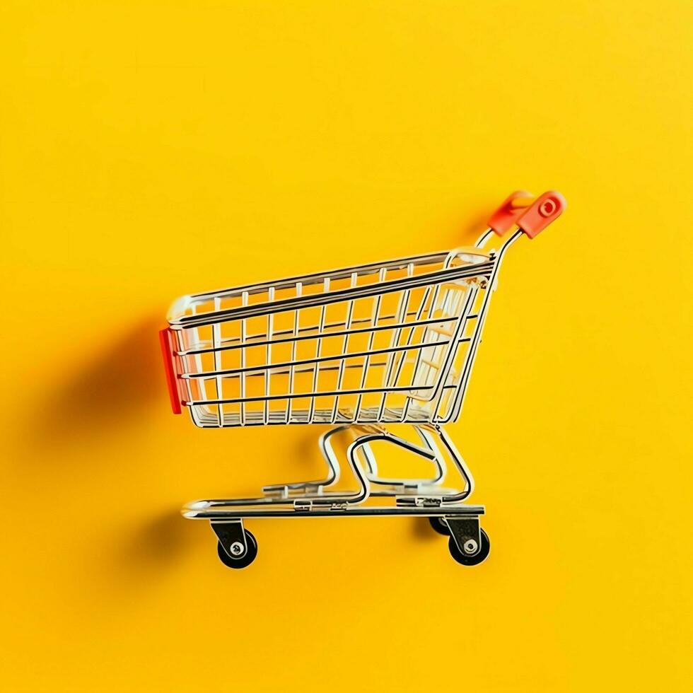 Composition of shopping cart or trolley with gift boxes or bags. Cyber monday sales or shopping day concept by AI Generated photo