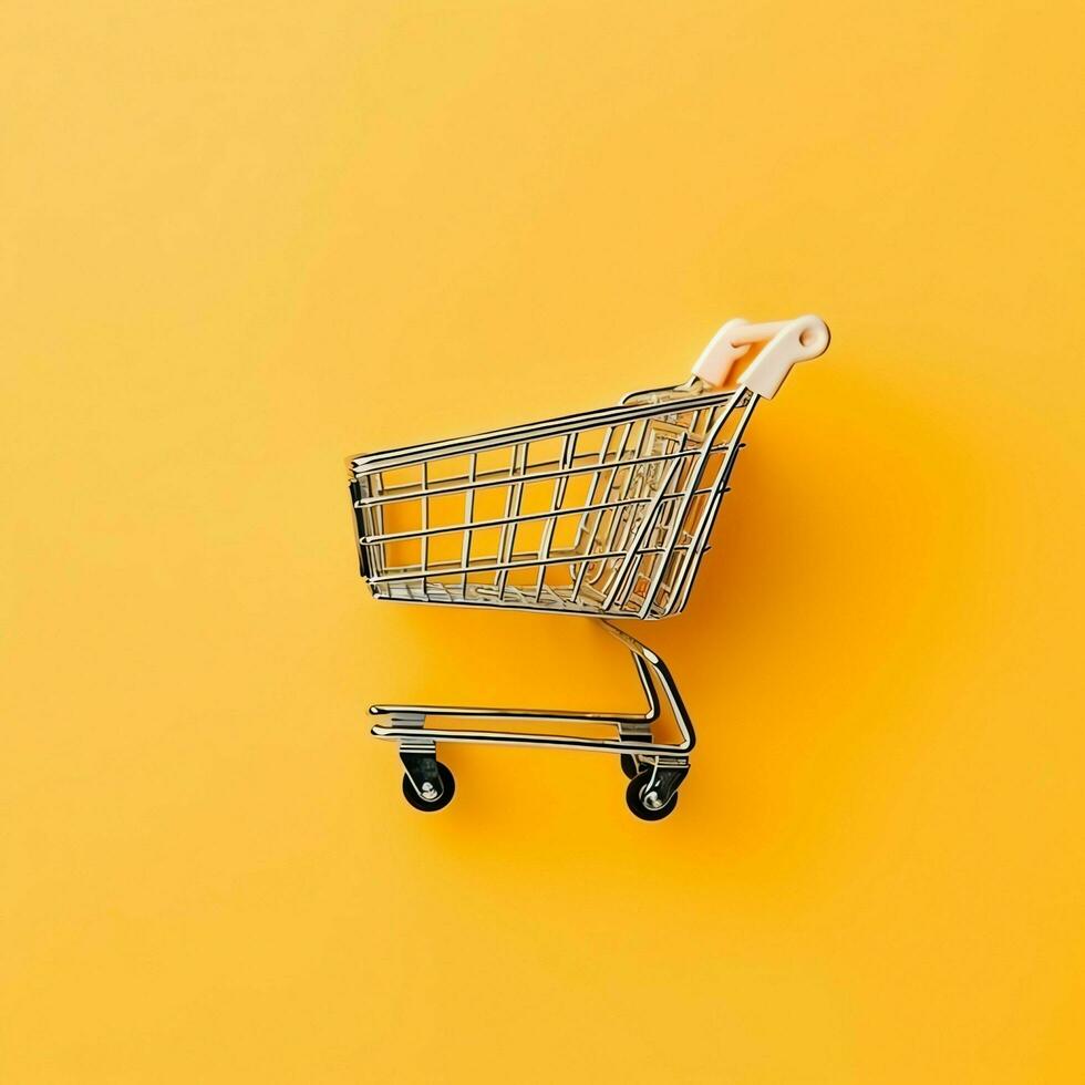 Composition of shopping cart or trolley with gift boxes or bags. Cyber monday sales or shopping day concept by AI Generated photo