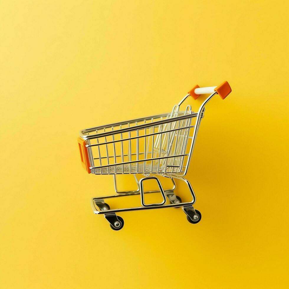 Composition of shopping cart or trolley with gift boxes or bags. Cyber monday sales or shopping day concept by AI Generated photo
