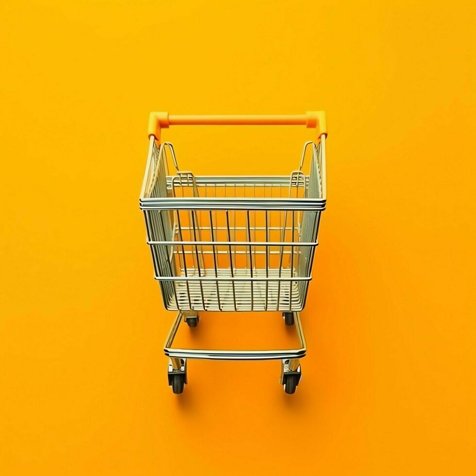 Composition of shopping cart or trolley with gift boxes or bags. Cyber monday sales or shopping day concept by AI Generated photo