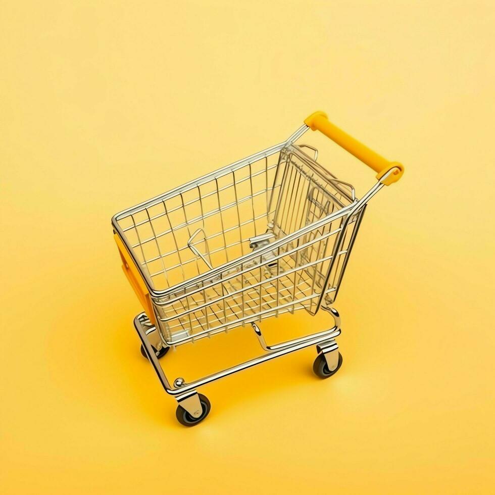 Composition of shopping cart or trolley with gift boxes or bags. Cyber monday sales or shopping day concept by AI Generated photo