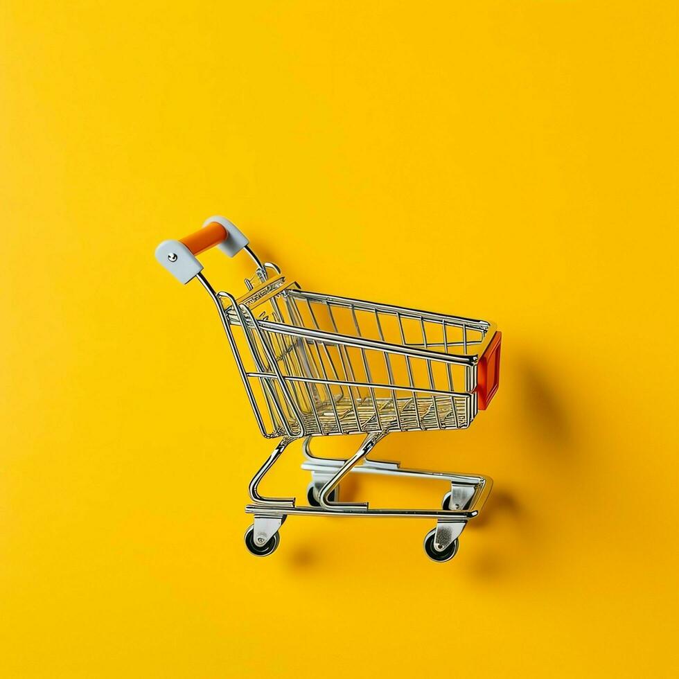 Composition of shopping cart or trolley with gift boxes or bags. Cyber monday sales or shopping day concept by AI Generated photo