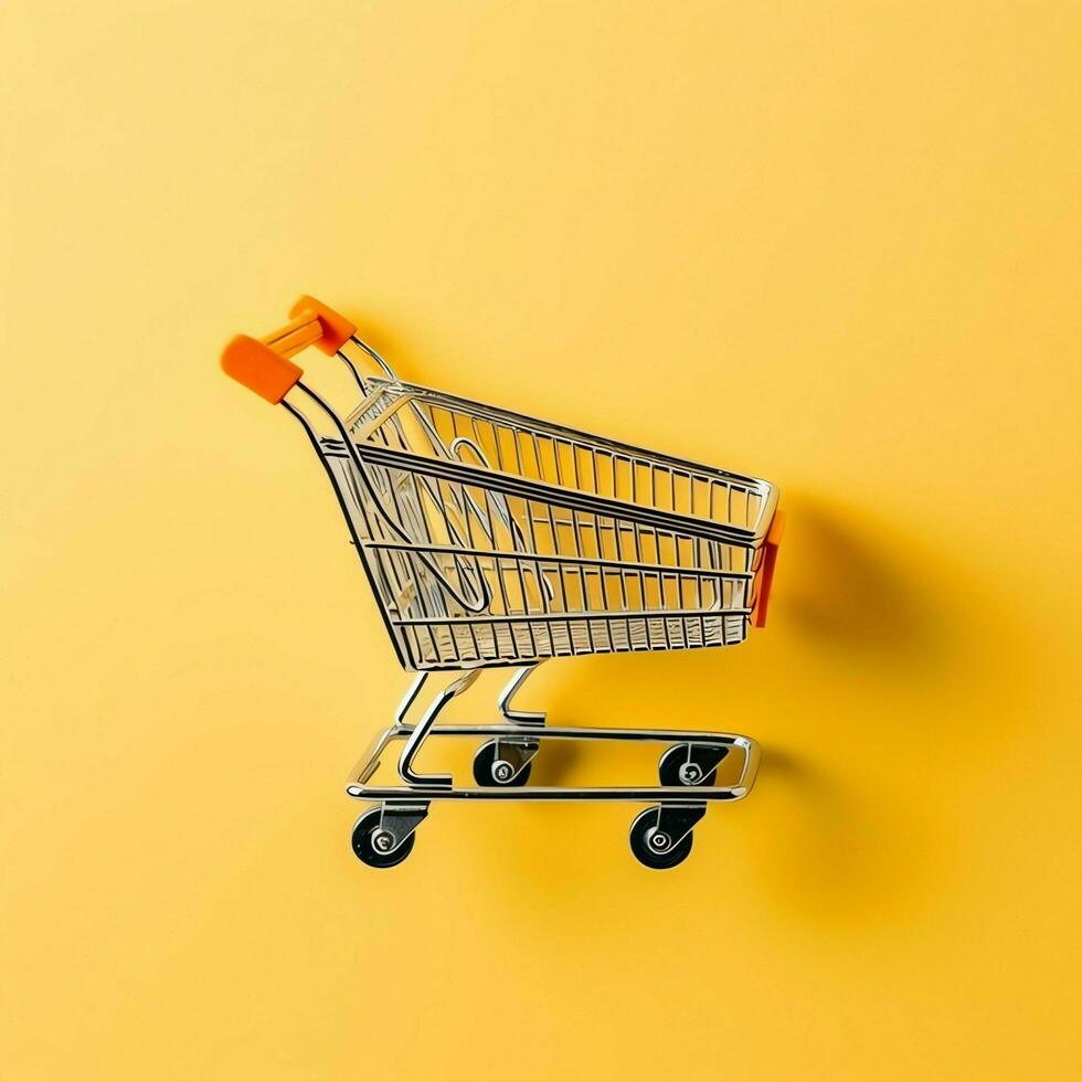 Composition of shopping cart or trolley with gift boxes or bags. Cyber monday sales or shopping day concept by AI Generated photo