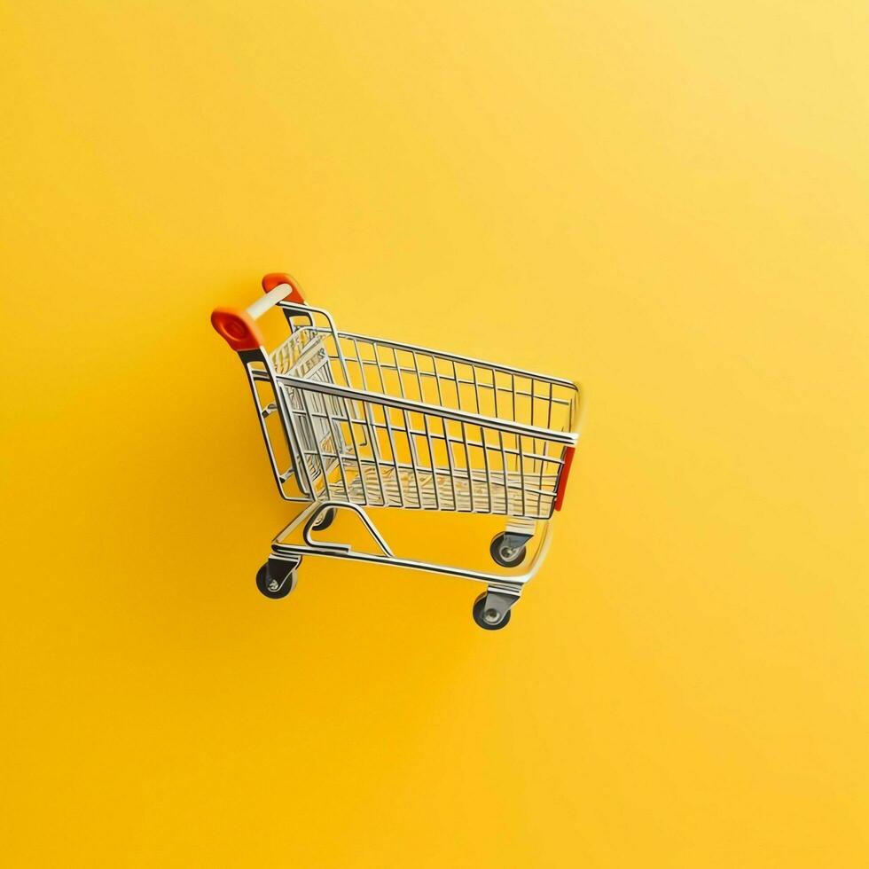 Composition of shopping cart or trolley with gift boxes or bags. Cyber monday sales or shopping day concept by AI Generated photo