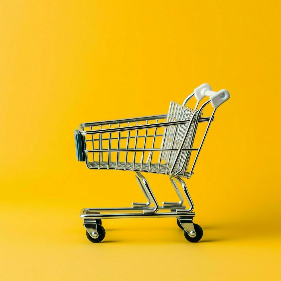 Composition of shopping cart or trolley with gift boxes or bags. Cyber monday sales or shopping day concept by AI Generated photo