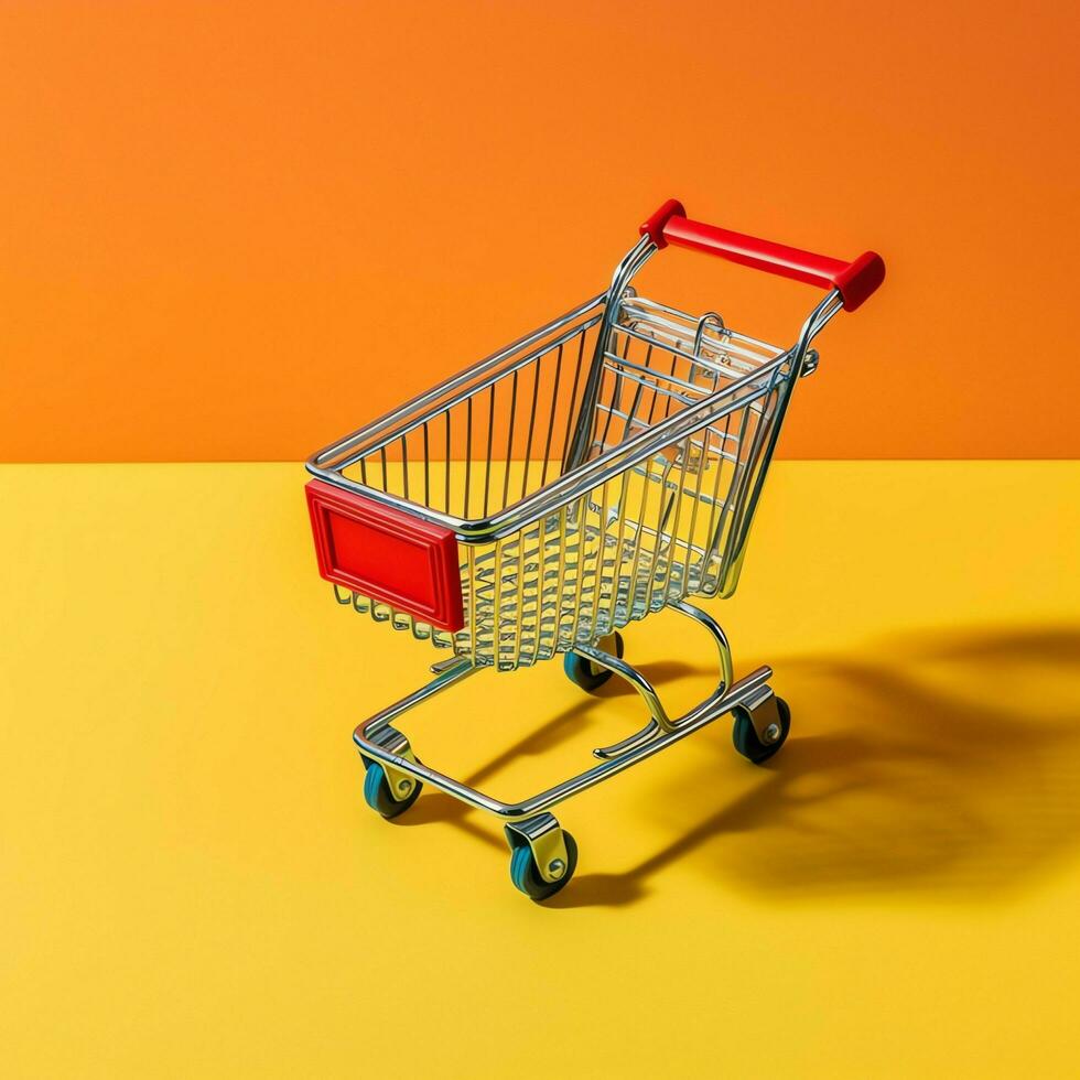 Composition of shopping cart or trolley with gift boxes or bags. Cyber monday sales or shopping day concept by AI Generated photo