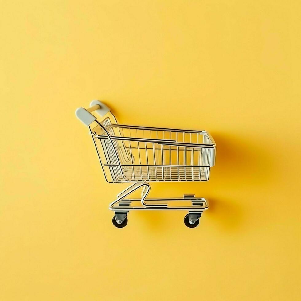 Composition of shopping cart or trolley with gift boxes or bags. Cyber monday sales or shopping day concept by AI Generated photo