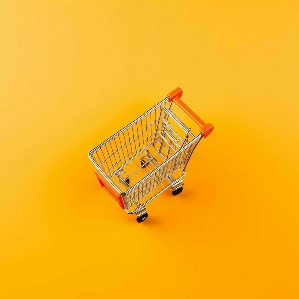 Composition of shopping cart or trolley with gift boxes or bags. Cyber monday sales or shopping day concept by AI Generated photo