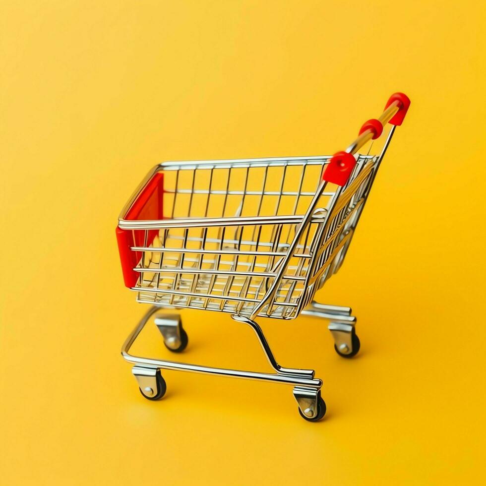 Composition of shopping cart or trolley with gift boxes or bags. Cyber monday sales or shopping day concept by AI Generated photo