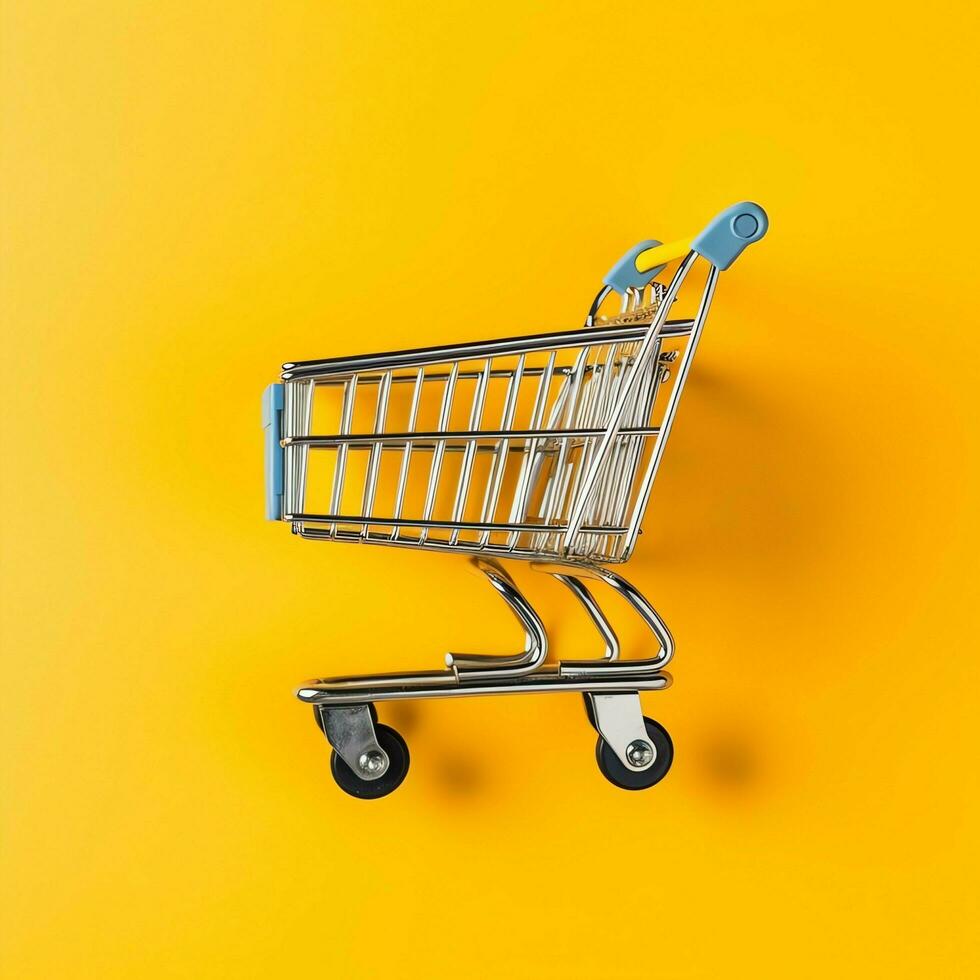 Composition of shopping cart or trolley with gift boxes or bags. Cyber monday sales or shopping day concept by AI Generated photo