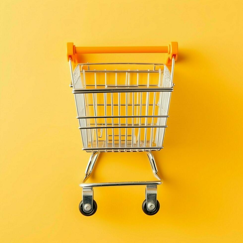 Composition of shopping cart or trolley with gift boxes or bags. Cyber monday sales or shopping day concept by AI Generated photo
