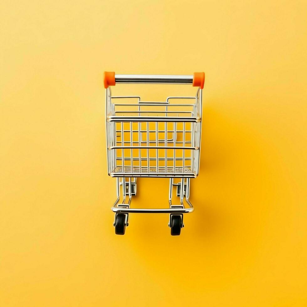 Composition of shopping cart or trolley with gift boxes or bags. Cyber monday sales or shopping day concept by AI Generated photo