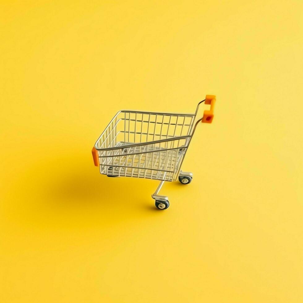 Composition of shopping cart or trolley with gift boxes or bags. Cyber monday sales or shopping day concept by AI Generated photo