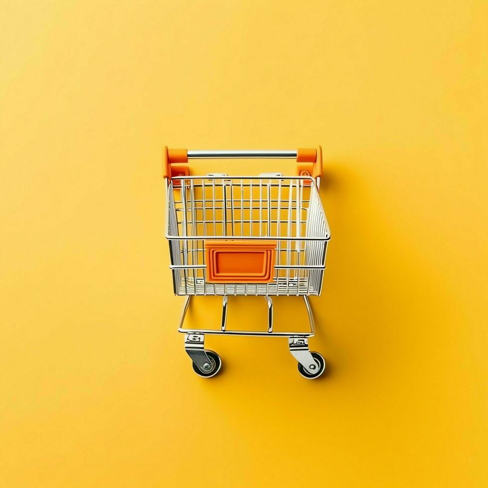 Composition of shopping cart or trolley with gift boxes or bags. Cyber monday sales or shopping day concept by AI Generated photo